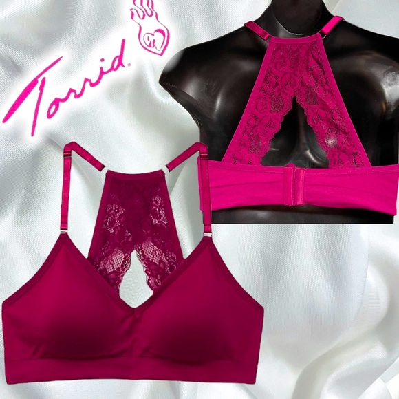 TORRID BERRY PINK DEEP V RACERBACK LIGHTLY PADDED SEAMLESS BRALETTE NEW - Picture 2 of 14